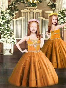 Floor Length Ball Gowns Sleeveless Orange Pageant Gowns For Girls Lace Up