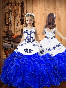 Royal Blue Sleeveless Floor Length Embroidery and Ruffles Lace Up Kids Pageant Dress
