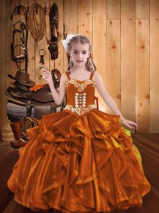 Latest Sleeveless Floor Length Embroidery and Ruffles Lace Up High School Pageant Dress with Orange