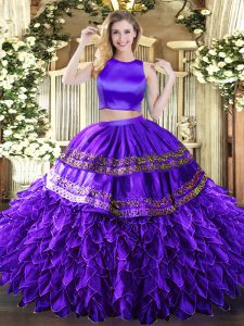 Dramatic Purple Sleeveless Ruffles and Sequins Floor Length Quince Ball Gowns
