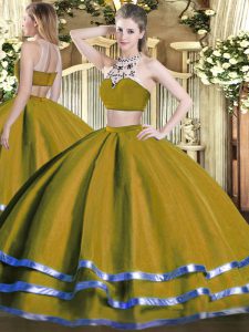 Olive Green Backless 15th Birthday Dress Beading Sleeveless Floor Length