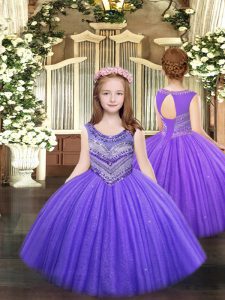 Scoop Sleeveless Little Girls Pageant Dress Wholesale Floor Length Beading Lavender Tulle