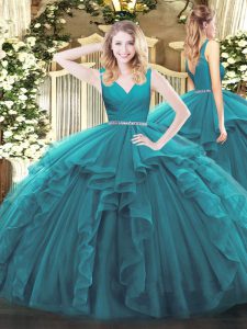 High Class Tulle Sleeveless Floor Length Sweet 16 Dress and Beading and Ruffles