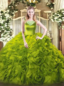 Clearance Olive Green Fabric With Rolling Flowers Side Zipper Scoop Sleeveless Floor Length Quinceanera Gown Beading