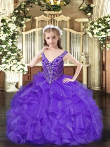 Lavender Sleeveless Floor Length Beading and Ruffles Lace Up High School Pageant Dress