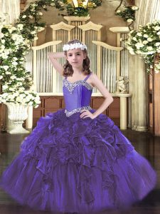 Super Purple Lace Up Straps Beading and Ruffles Child Pageant Dress Organza Sleeveless