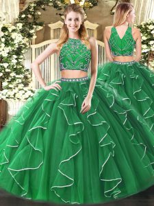 Cheap Green Sleeveless Tulle Zipper Sweet 16 Quinceanera Dress for Military Ball and Sweet 16 and Quinceanera