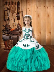 Elegant Aqua Blue Sleeveless Floor Length Embroidery and Ruffles Lace Up Pageant Dress for Womens