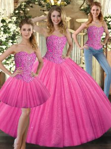 Hot Pink Tulle Lace Up Sweetheart Sleeveless Floor Length Sweet 16 Dresses Beading