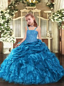 Simple Blue Ball Gowns Beading and Ruffles High School Pageant Dress Lace Up Organza Sleeveless Floor Length