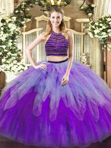 Halter Top Sleeveless Lace Up Quinceanera Gowns Multi-color Tulle