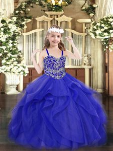 Tulle Straps Sleeveless Lace Up Beading and Ruffles Pageant Dress Womens in Blue