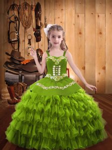 Olive Green Ball Gowns Straps Sleeveless Organza Floor Length Lace Up Embroidery and Ruffled Layers Child Pageant Dress