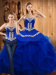 Satin and Organza Sweetheart Sleeveless Lace Up Embroidery and Ruffles Ball Gown Prom Dress in Blue