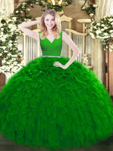 Delicate Green Quince Ball Gowns Military Ball and Sweet 16 and Quinceanera with Beading and Ruffles V-neck Sleeveless Zipper