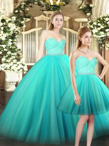 Inexpensive Floor Length Aqua Blue Quince Ball Gowns Sweetheart Sleeveless Lace Up