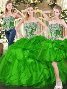 Amazing Organza Sweetheart Sleeveless Lace Up Ruffles Sweet 16 Dresses in Green