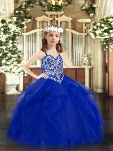 Perfect Floor Length Lace Up Girls Pageant Dresses Royal Blue for Party and Quinceanera with Beading and Ruffles