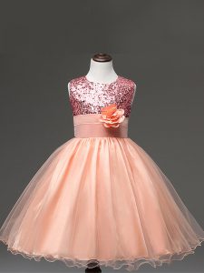 Sleeveless Zipper Knee Length Sequins and Hand Made Flower Pageant Dress for Teens