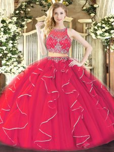 Coral Red Ball Gowns Organza Scoop Sleeveless Ruffles Floor Length Zipper 15th Birthday Dress