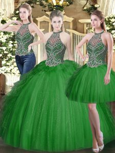Dark Green Lace Up High-neck Beading and Ruffles Sweet 16 Quinceanera Dress Tulle Sleeveless