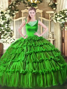 Green Side Zipper Scoop Beading and Ruffled Layers 15th Birthday Dress Organza Sleeveless