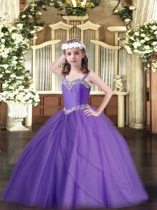 Lavender Pageant Gowns For Girls Tulle Sweep Train Sleeveless Beading