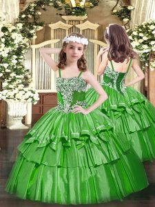 Appliques and Ruffled Layers Pageant Dress Green Lace Up Sleeveless Floor Length