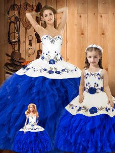 Chic Blue And White Lace Up Sweetheart Embroidery and Ruffles Quince Ball Gowns Satin and Organza Sleeveless
