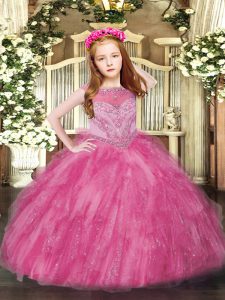 Latest Hot Pink Tulle Zipper Scoop Sleeveless Floor Length Pageant Dress for Girls Beading and Ruffles
