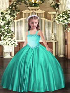 Latest Turquoise Ball Gowns Appliques Little Girl Pageant Dress Lace Up Satin Sleeveless Floor Length