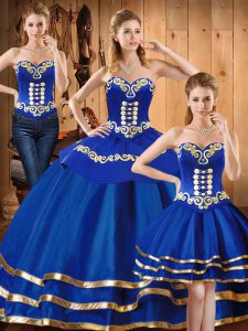 Lovely Blue Military Ball Gown Military Ball and Sweet 16 and Quinceanera with Embroidery Sweetheart Sleeveless Lace Up