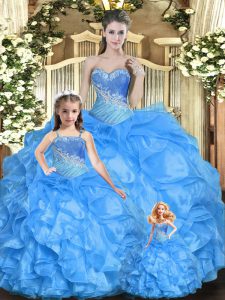 Best Selling Baby Blue Sleeveless Tulle Lace Up Quince Ball Gowns for Military Ball and Sweet 16 and Quinceanera