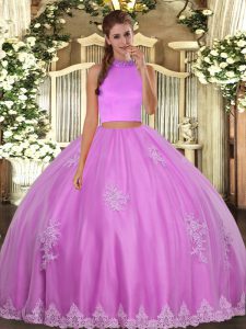 Tulle Halter Top Sleeveless Backless Beading and Appliques Quinceanera Dress in Lilac