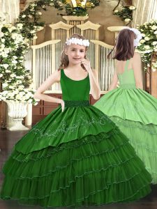 Top Selling Dark Green Zipper Scoop Beading and Embroidery and Ruffled Layers Pageant Gowns Organza Sleeveless
