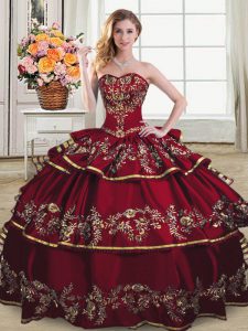 Inexpensive Wine Red Ball Gowns Embroidery and Ruffled Layers Quinceanera Dresses Lace Up Organza Sleeveless Floor Length