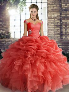 Sleeveless Floor Length Beading and Ruffles and Pick Ups Lace Up Vestidos de Quinceanera with Orange Red