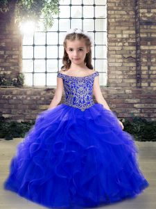 New Arrival Ball Gowns Girls Pageant Dresses Royal Blue Off The Shoulder Tulle Sleeveless Floor Length Lace Up