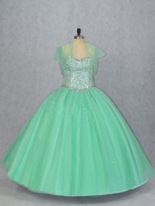 Hot Selling Apple Green Tulle Lace Up Quince Ball Gowns Sleeveless Floor Length Beading
