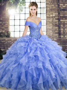 Clearance Lavender Sleeveless Beading and Ruffles Lace Up Quince Ball Gowns