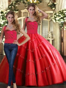 Sexy Red Two Pieces Tulle Halter Top Sleeveless Appliques Floor Length Lace Up Quinceanera Dress