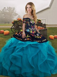 Glorious Embroidery and Ruffles Quinceanera Gowns Teal Lace Up Sleeveless Floor Length