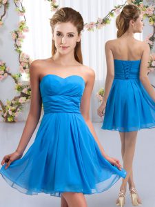 Baby Blue Empire Chiffon Sweetheart Sleeveless Ruching Mini Length Lace Up Dama Dress