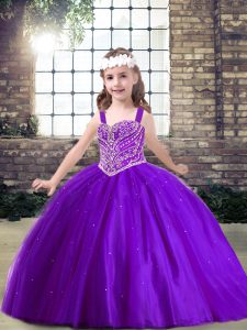 High Quality Purple Lace Up Straps Beading Little Girl Pageant Dress Tulle Sleeveless