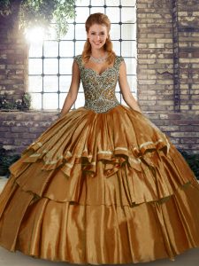 Glittering Brown Ball Gowns Straps Sleeveless Taffeta Floor Length Lace Up Beading and Ruffled Layers 15th Birthday Dress