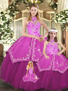 Great Fuchsia Ball Gowns Halter Top Sleeveless Satin and Tulle Floor Length Lace Up Embroidery Sweet 16 Dresses