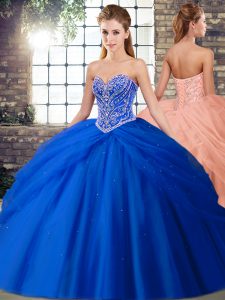 Chic Royal Blue Tulle Lace Up Sweetheart Sleeveless Quinceanera Gowns Brush Train Beading and Pick Ups