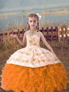 Graceful Orange Red Ball Gowns Beading and Embroidery and Ruffles Little Girl Pageant Gowns Lace Up Organza Sleeveless Floor Length