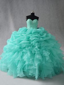 Flare Aqua Blue Quinceanera Gown Sweet 16 and Quinceanera with Beading and Ruffles and Pick Ups Sweetheart Sleeveless Lace Up