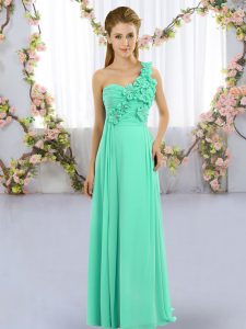 Edgy Floor Length Turquoise Quinceanera Court of Honor Dress One Shoulder Sleeveless Lace Up